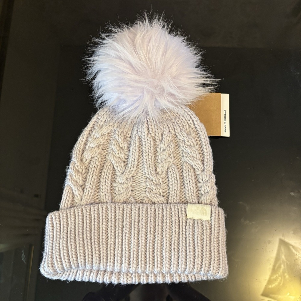 NEW The North Face Women's Oh Mega Fur Pom Beanie Cable Knit Purple